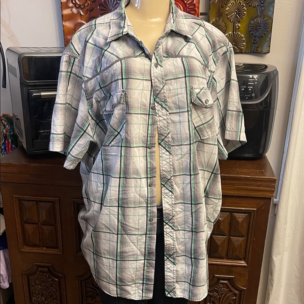 Men's Short-Sleeve Plaid Button-Up Shirt - White / Green